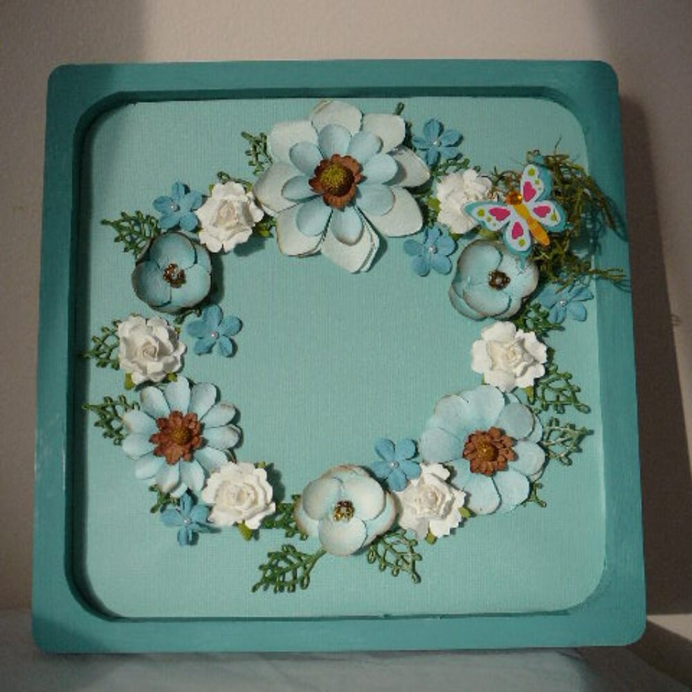 Turquoise Wood Framed Floral Flower Wreath with Butterfly Approx 8.75" Square